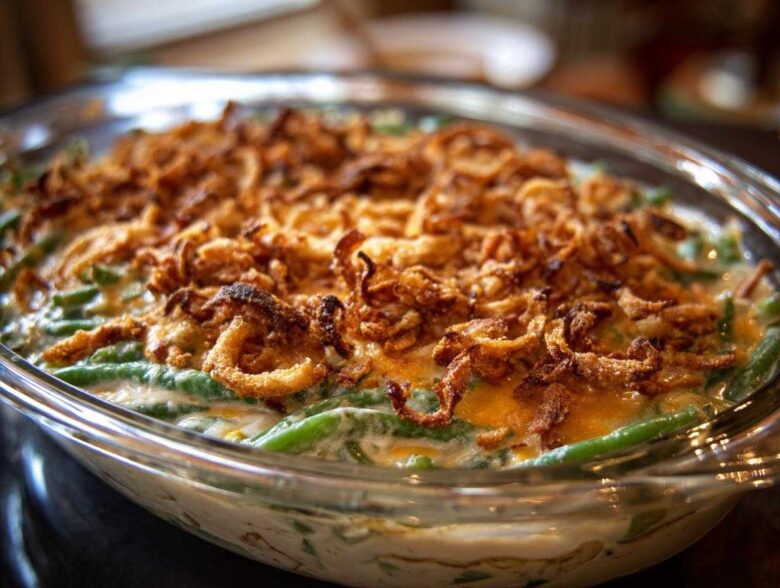 Close-up of a creamy green bean casserole topped generously with crispy fried onions.