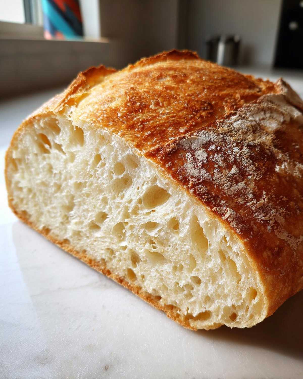Close-up of the interior crumb structure of amazing Italian bread showing large, irregular air pockets and a golden, crisp crust.