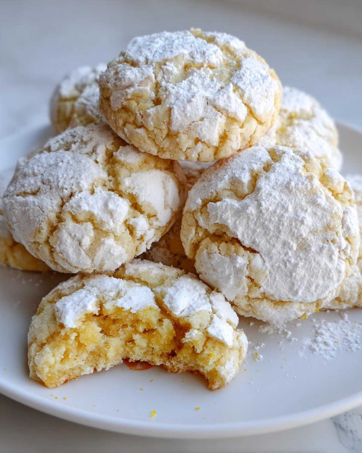A stack of soft lemon crinkle cookies dusted heavily with powdered sugar, one cookie is broken open showing the yellow interior.