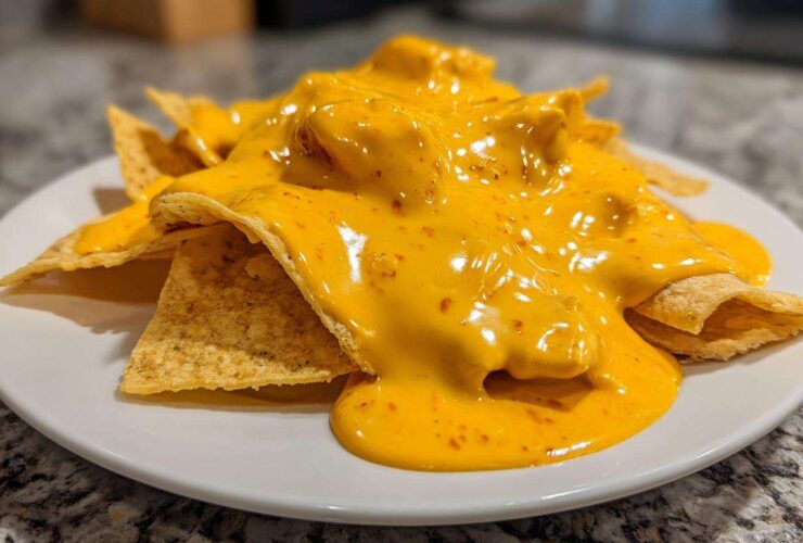 Close-up of tortilla chips smothered in thick, bright orange nacho cheese sauce with visible chili flakes.
