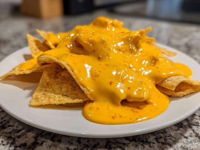 Close-up of tortilla chips smothered in thick, bright orange nacho cheese sauce with visible chili flakes.