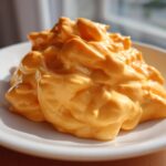 A close-up of a generous dollop of bright orange, creamy nacho cheese sauce served on a white plate.