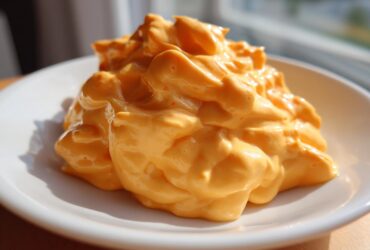 A close-up of a generous dollop of bright orange, creamy nacho cheese sauce served on a white plate.