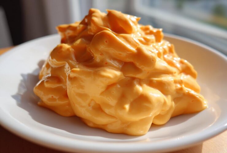 A close-up of a generous dollop of bright orange, creamy nacho cheese sauce served on a white plate.