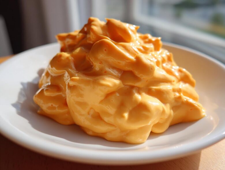 A close-up of a generous dollop of bright orange, creamy nacho cheese sauce served on a white plate.