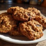 A pile of golden brown, textured oatmeal cookie treats stacked on a white plate, highlighted by sunlight.