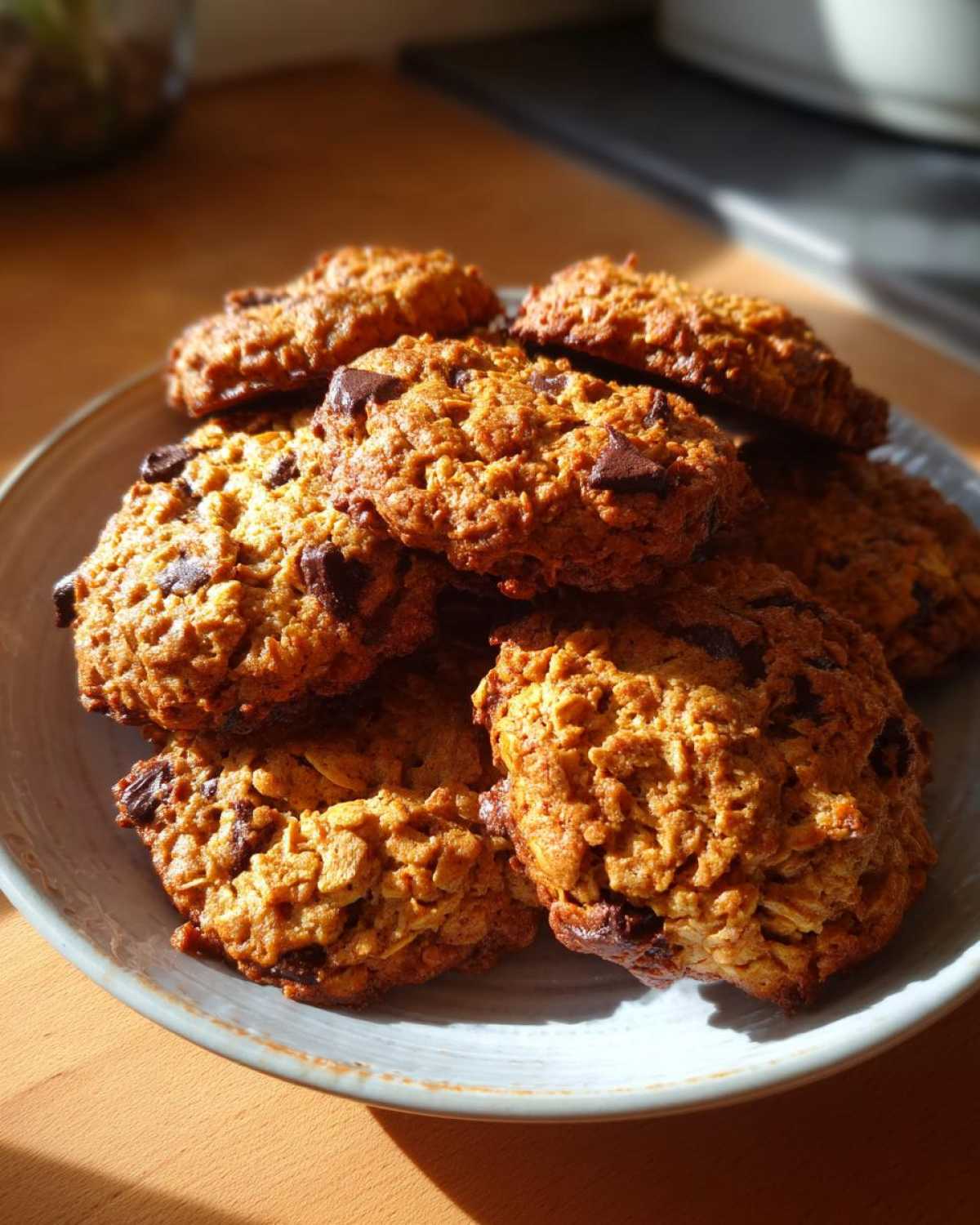 A stack of freshly baked, golden brown oatmeal cookie treats with visible chocolate chunks on a light plate.