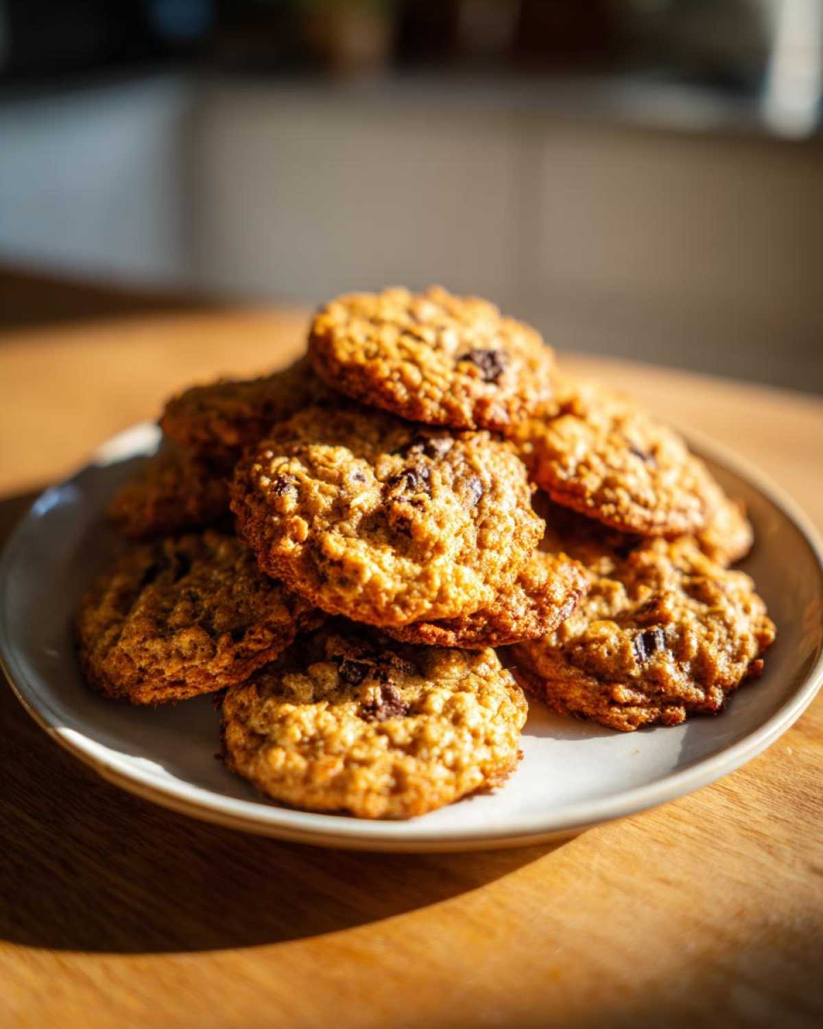 A tempting stack of freshly baked oatmeal cookie treats piled high on a light-colored plate.