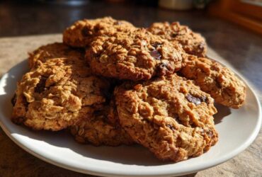 A pile of golden brown, textured oatmeal cookie treats stacked on a white plate, highlighted by sunlight.