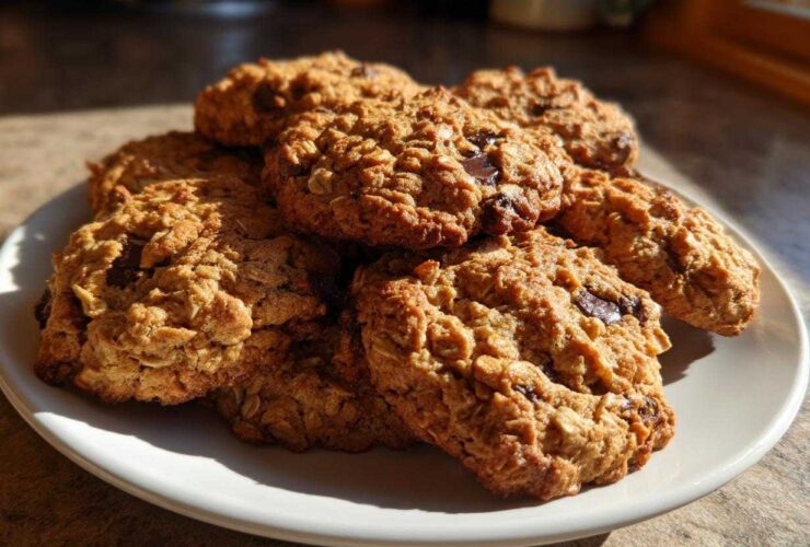 A pile of golden brown, textured oatmeal cookie treats stacked on a white plate, highlighted by sunlight.