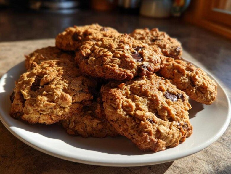 A pile of golden brown, textured oatmeal cookie treats stacked on a white plate, highlighted by sunlight.