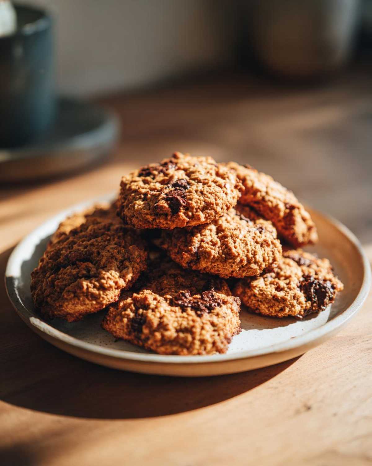 A warm stack of freshly baked oatmeal cookie treats piled on a light ceramic plate, bathed in sunlight.