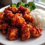 Close-up of crispy, glazed orange chicken recipe served with white rice and steamed broccoli florets.