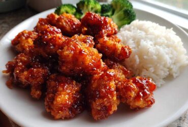 Close-up of crispy, glazed orange chicken recipe served with white rice and steamed broccoli florets.