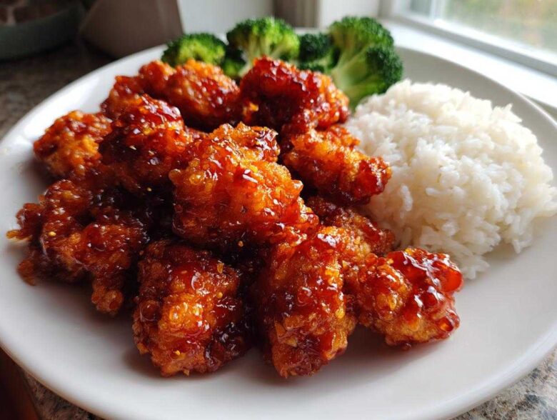 Close-up of crispy, glazed orange chicken recipe served with white rice and steamed broccoli florets.