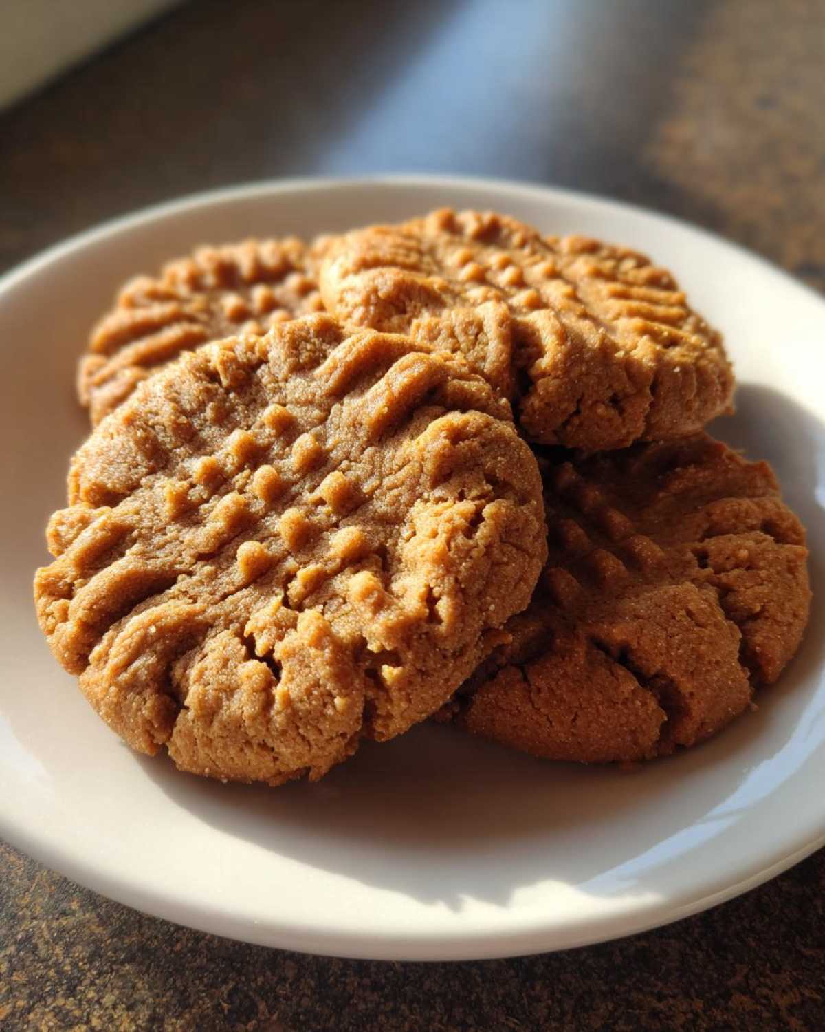Close-up of three perfectly textured peanut butter cookies with classic fork marks on a white plate.
