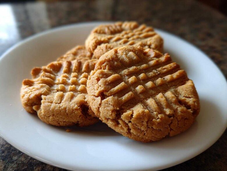 Three golden brown peanut butter cookies with classic crisscross fork marks stacked on a white plate.