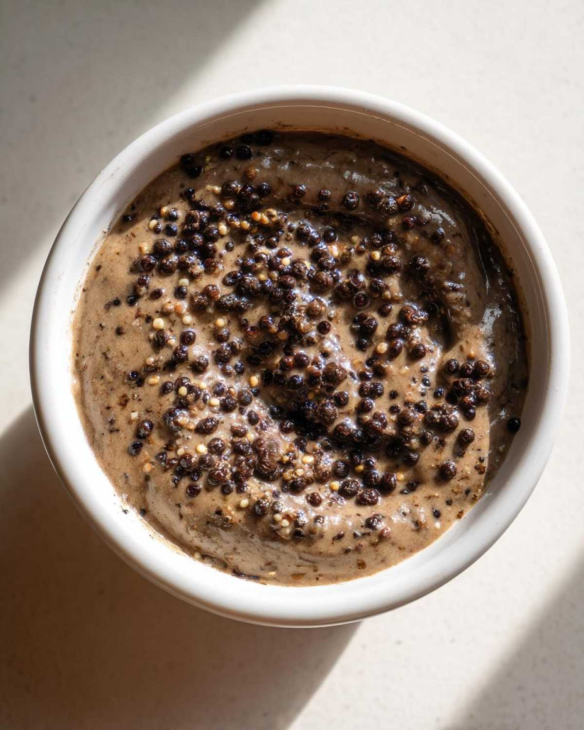 Overhead view of creamy peppercorn sauce in a white bowl, heavily garnished with whole black and white peppercorns.
