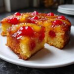 Close-up of a slice of moist pineapple upside down cake topped with caramelized pineapple rings and bright red cherries.