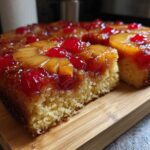 A slice cut from an amazing pineapple upside down cake showing the moist crumb and caramelized topping.