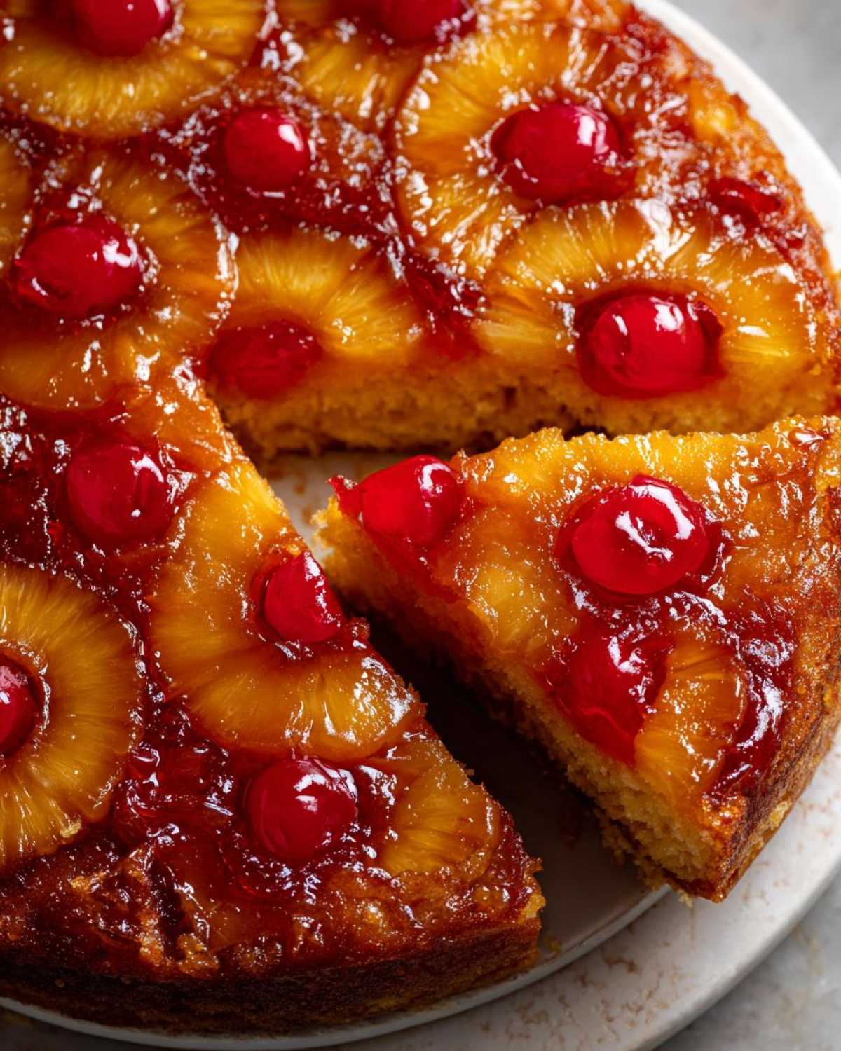 Close-up of a slice being removed from an amazing pineapple upside down cake topped with caramelized pineapple rings and bright red cherries.
