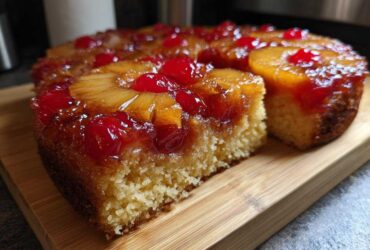 A slice cut from an amazing pineapple upside down cake showing the moist crumb and caramelized topping.