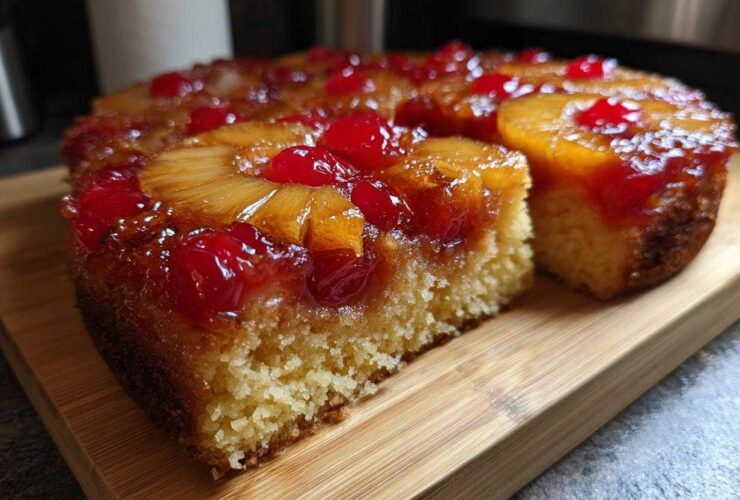 A slice cut from an amazing pineapple upside down cake showing the moist crumb and caramelized topping.