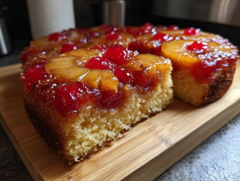 A slice cut from an amazing pineapple upside down cake showing the moist crumb and caramelized topping.