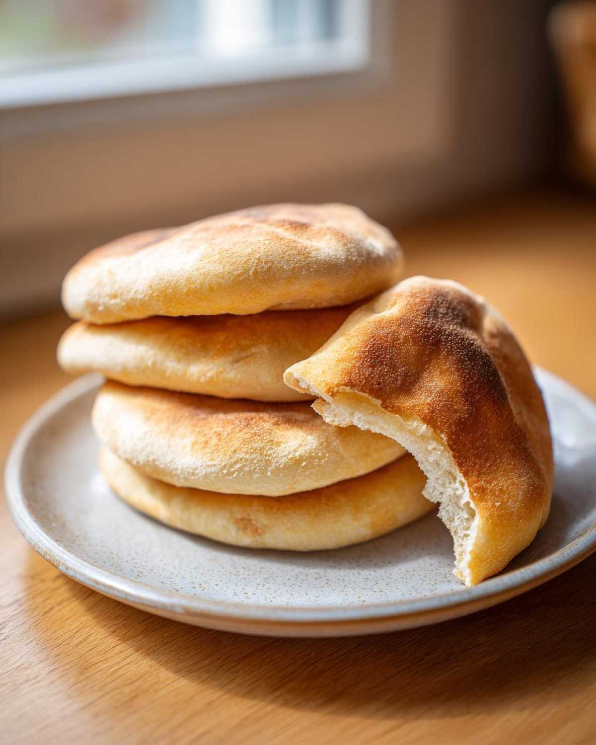 A stack of four golden brown pita bread pockets on a speckled plate, with one torn open showing the soft interior.