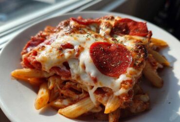 Close-up of a serving of amazing pizza pasta bake topped with melted mozzarella, pepperoni slices, and herbs.
