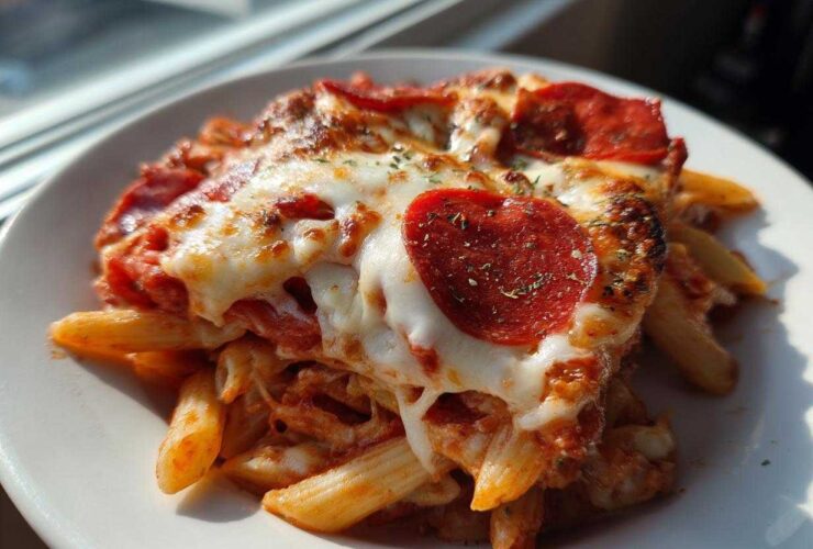 Close-up of a serving of amazing pizza pasta bake topped with melted mozzarella, pepperoni slices, and herbs.