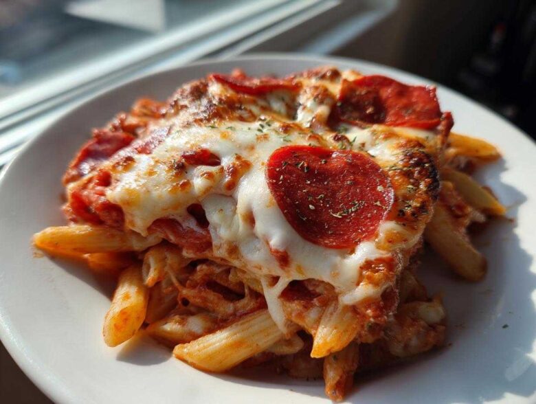 Close-up of a serving of amazing pizza pasta bake topped with melted mozzarella, pepperoni slices, and herbs.