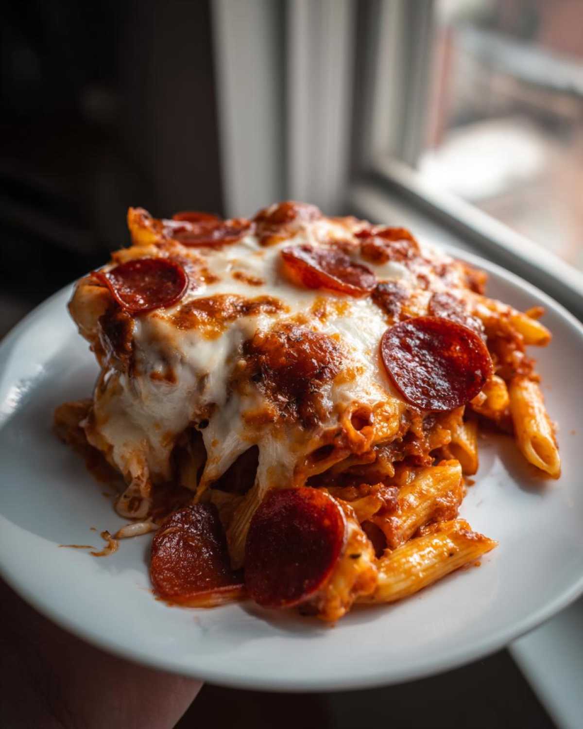 A generous serving of baked pizza pasta topped with melted mozzarella and pepperoni slices.