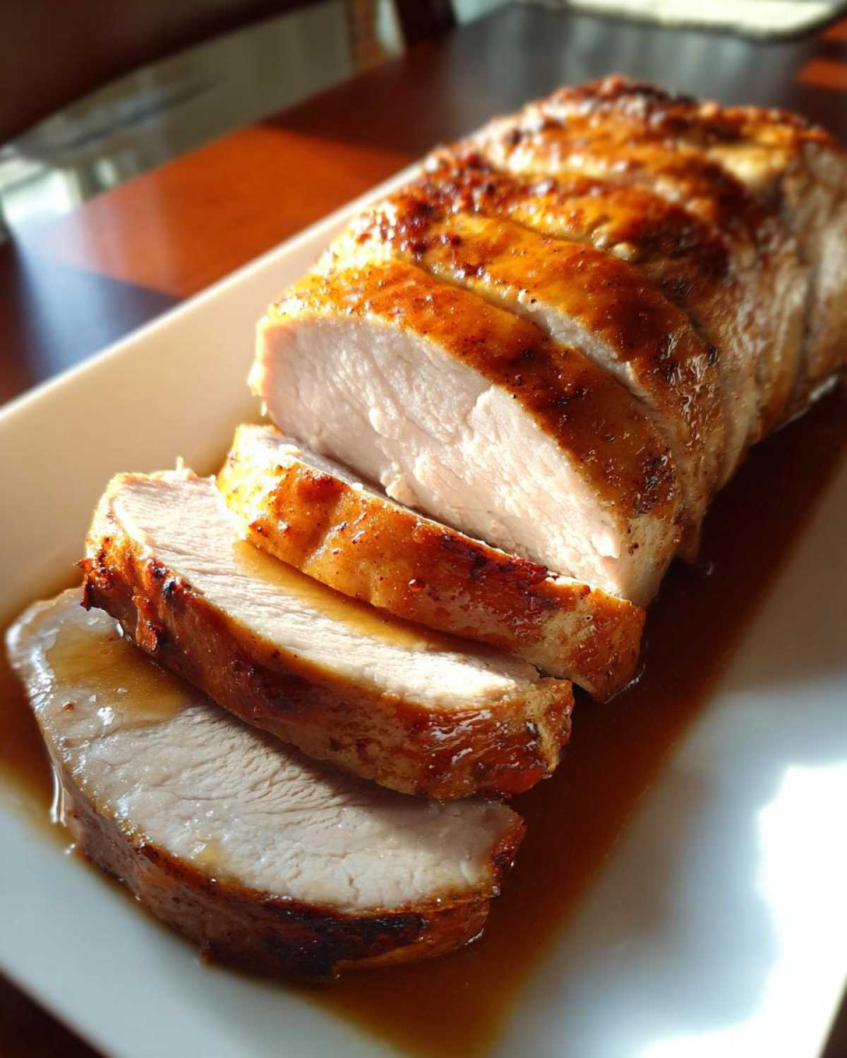 Close-up of a perfectly cooked and sliced pork loin roast resting in its own juices on a white platter.