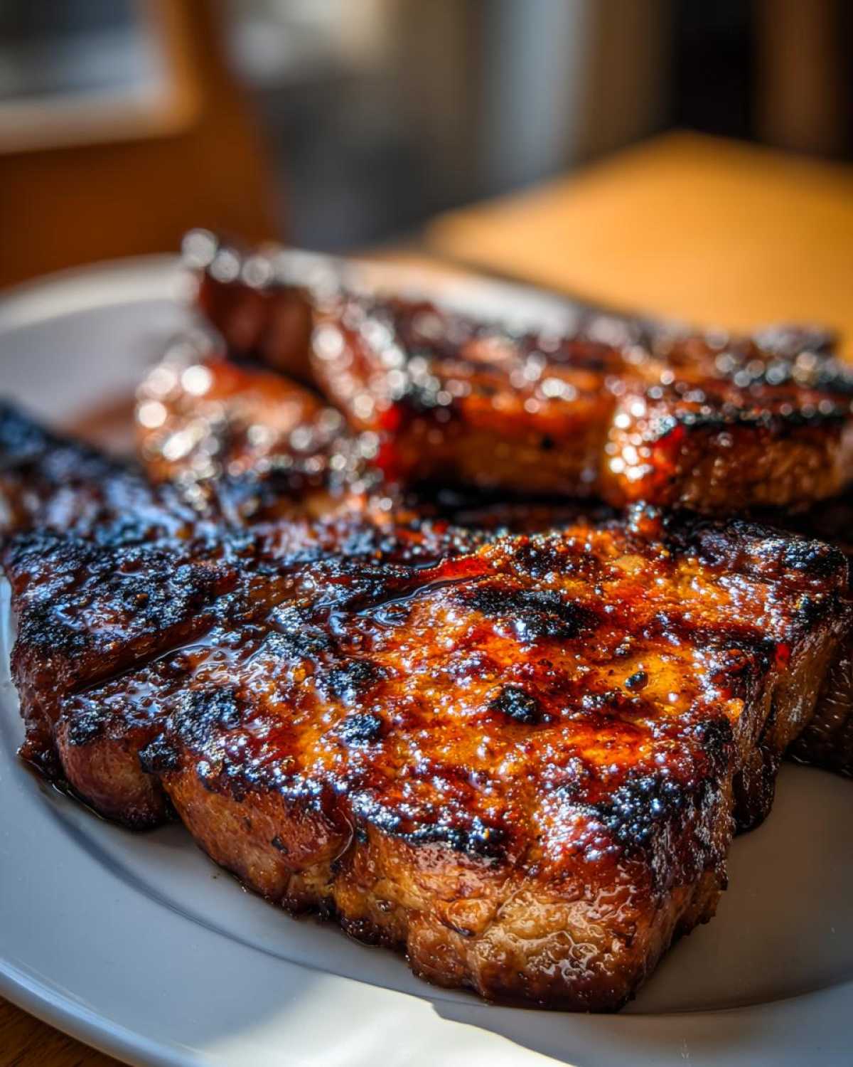 Close-up of a juicy, glazed pork steak recipe cut, showing dark grill marks and a shiny, caramelized exterior.