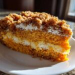 Close-up of a layered slice of pumpkin crunch dessert with creamy filling and crumb topping.