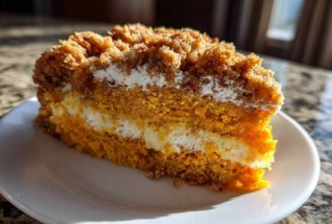 Close-up of a layered slice of pumpkin crunch dessert with creamy filling and crumb topping.