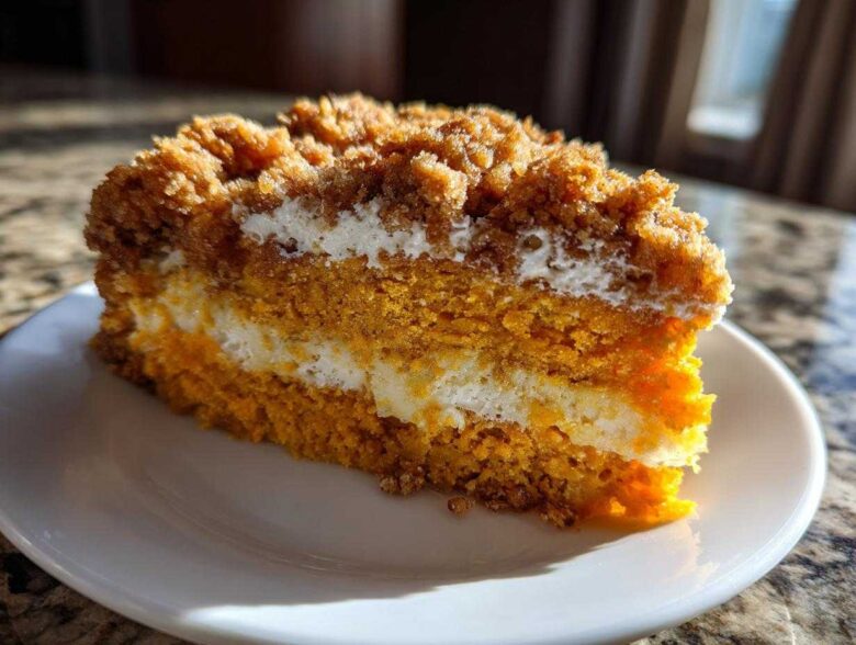 Close-up of a layered slice of pumpkin crunch dessert with creamy filling and crumb topping.