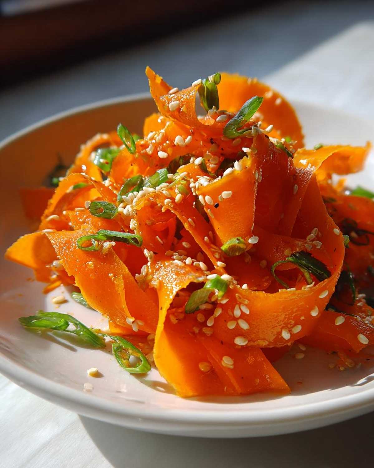 Close-up of a vibrant raw carrot salad made with shaved carrot ribbons, topped with sesame seeds and green onions.