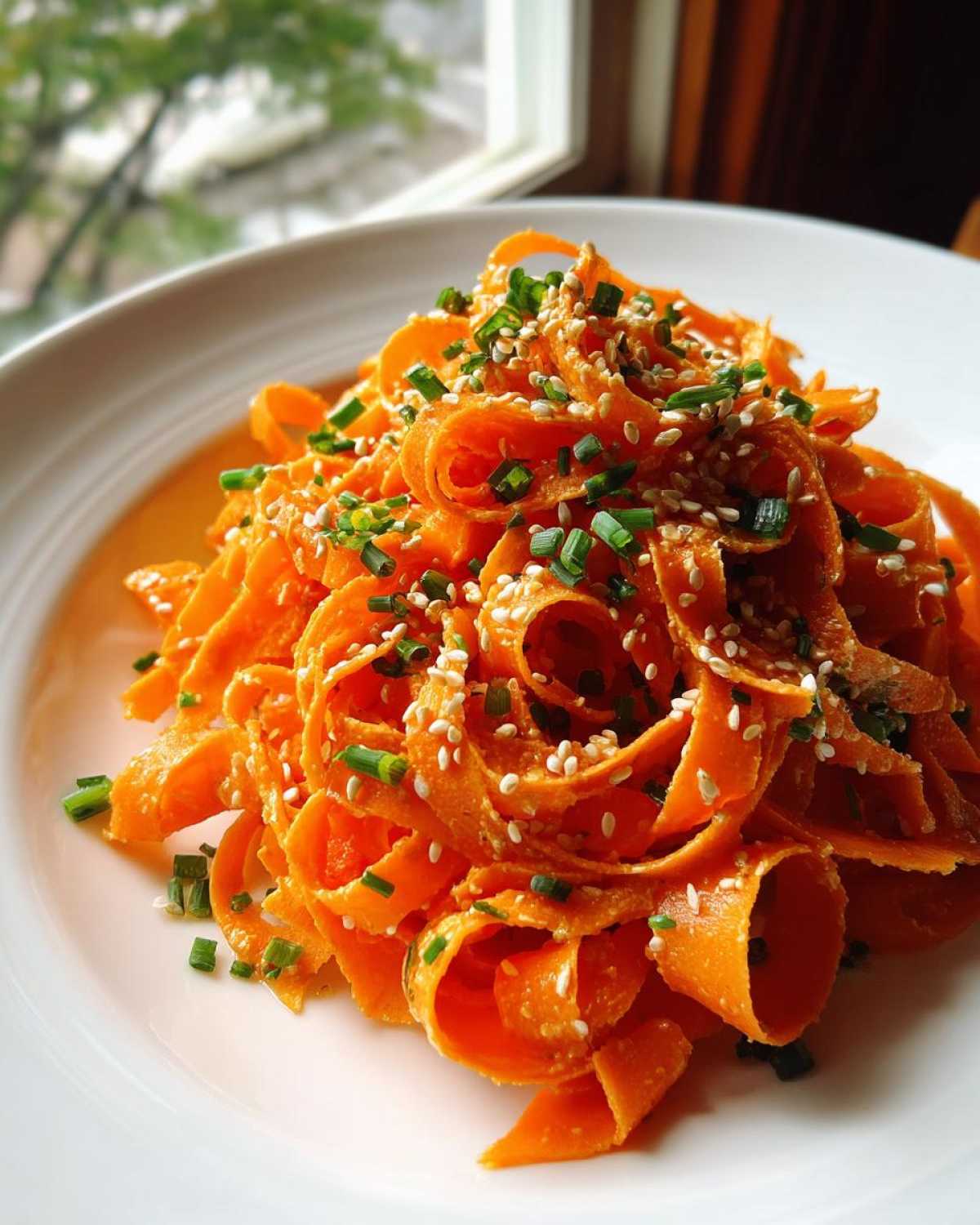 Close-up of a vibrant raw carrot salad made with shaved carrot ribbons, topped with sesame seeds and chopped chives.