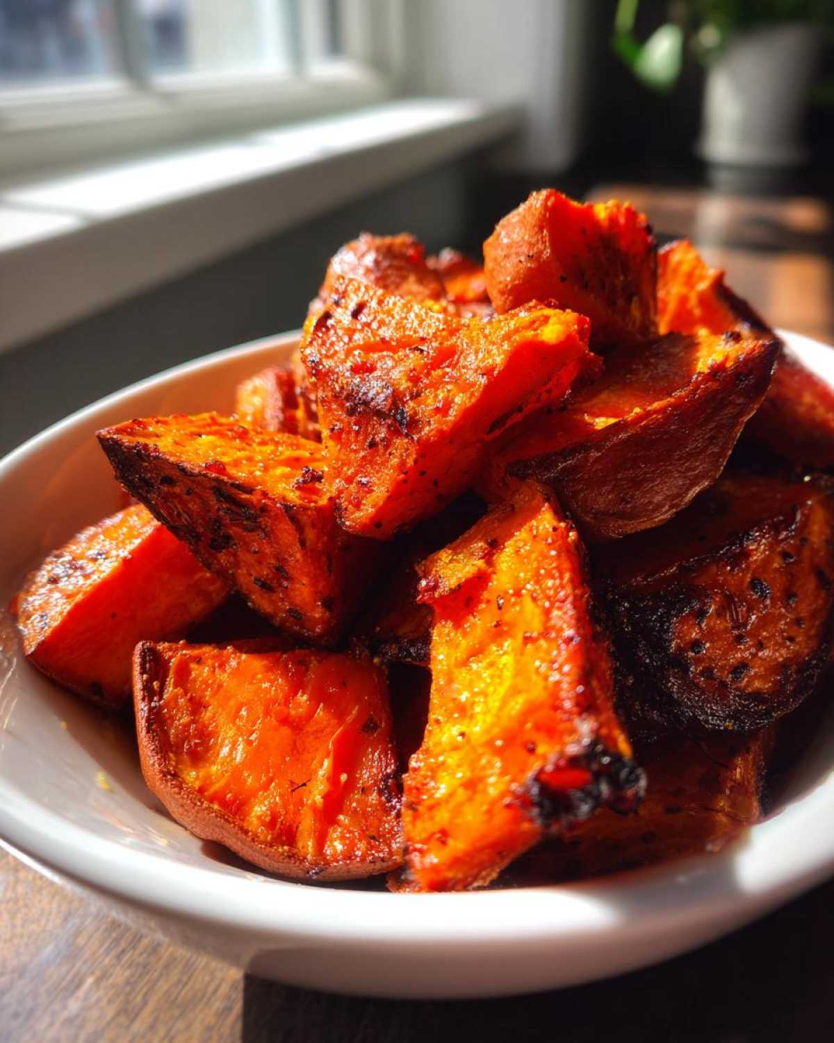 Close-up of caramelized, perfectly roasted sweet potatoes chunks piled high in a white serving bowl.