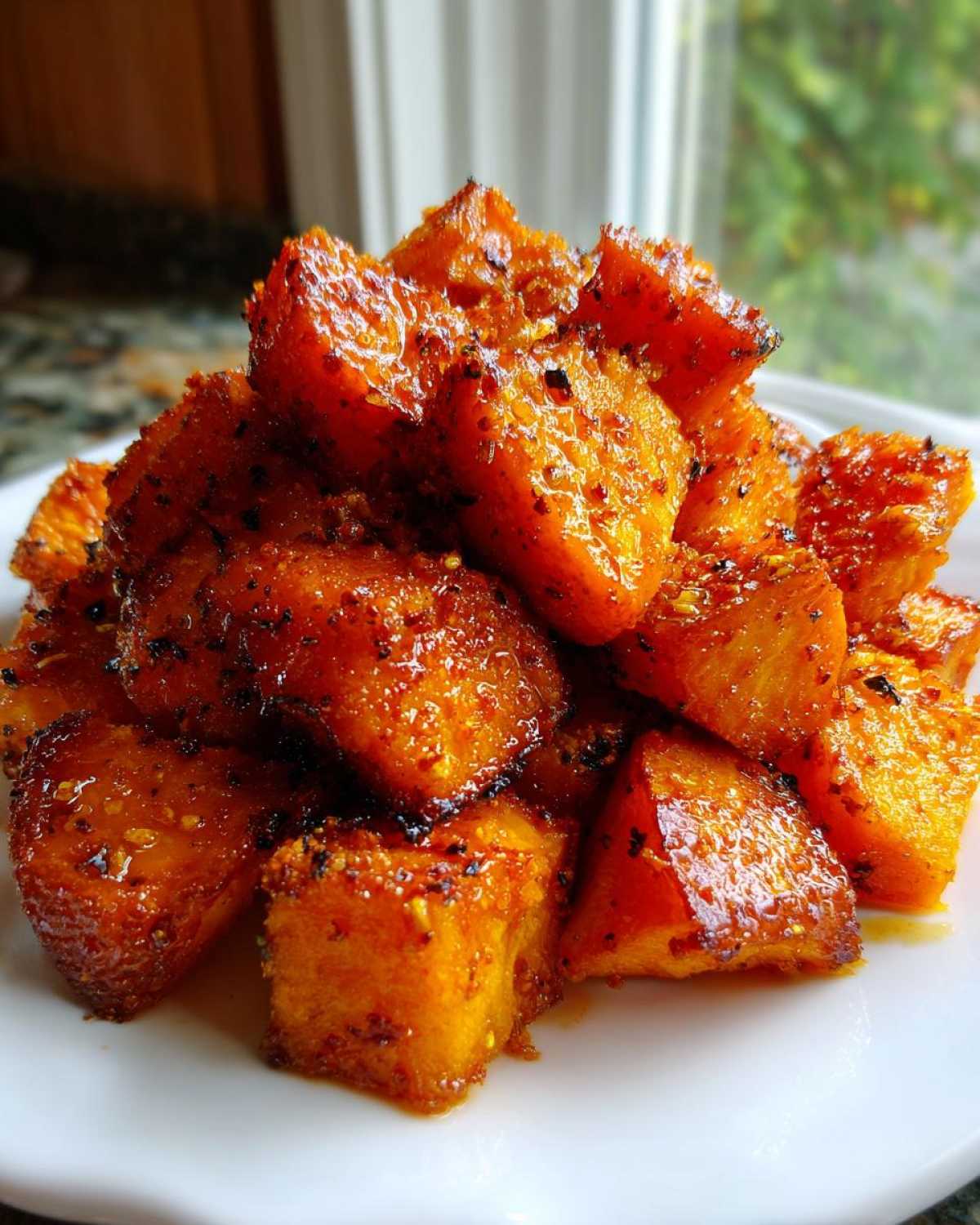 Close-up of a mound of caramelized, seasoned roasted sweet potatoes served on a white plate.