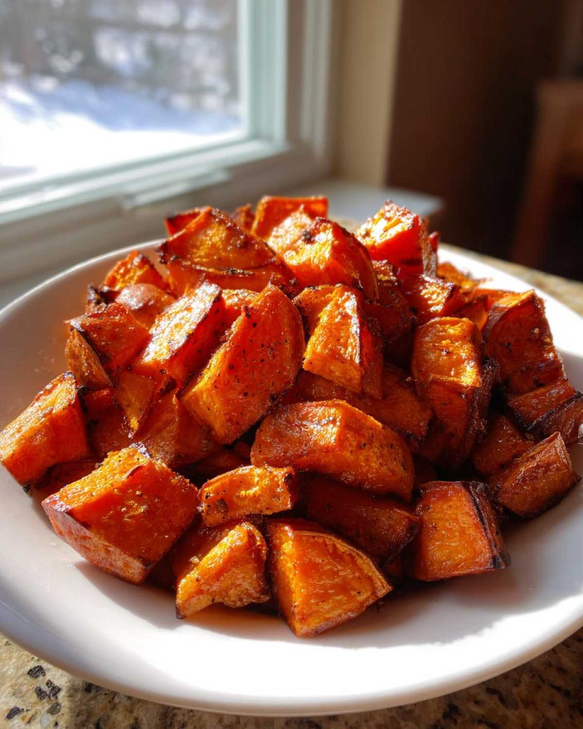 A white bowl filled with caramelized, cubed roasted sweet potatoes seasoned with pepper, set near a window.