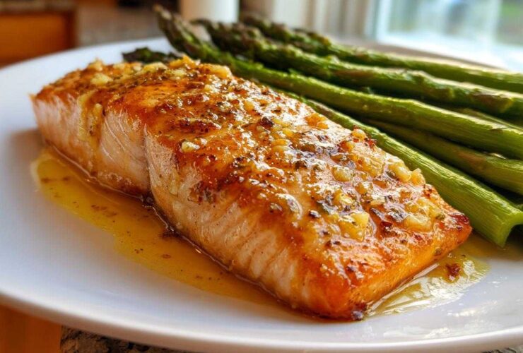 Close-up of a perfectly cooked salmon recipe fillet topped with garlic glaze, served next to bright green asparagus spears.