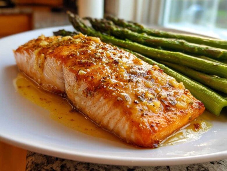 Close-up of a perfectly cooked salmon recipe fillet topped with garlic glaze, served next to bright green asparagus spears.