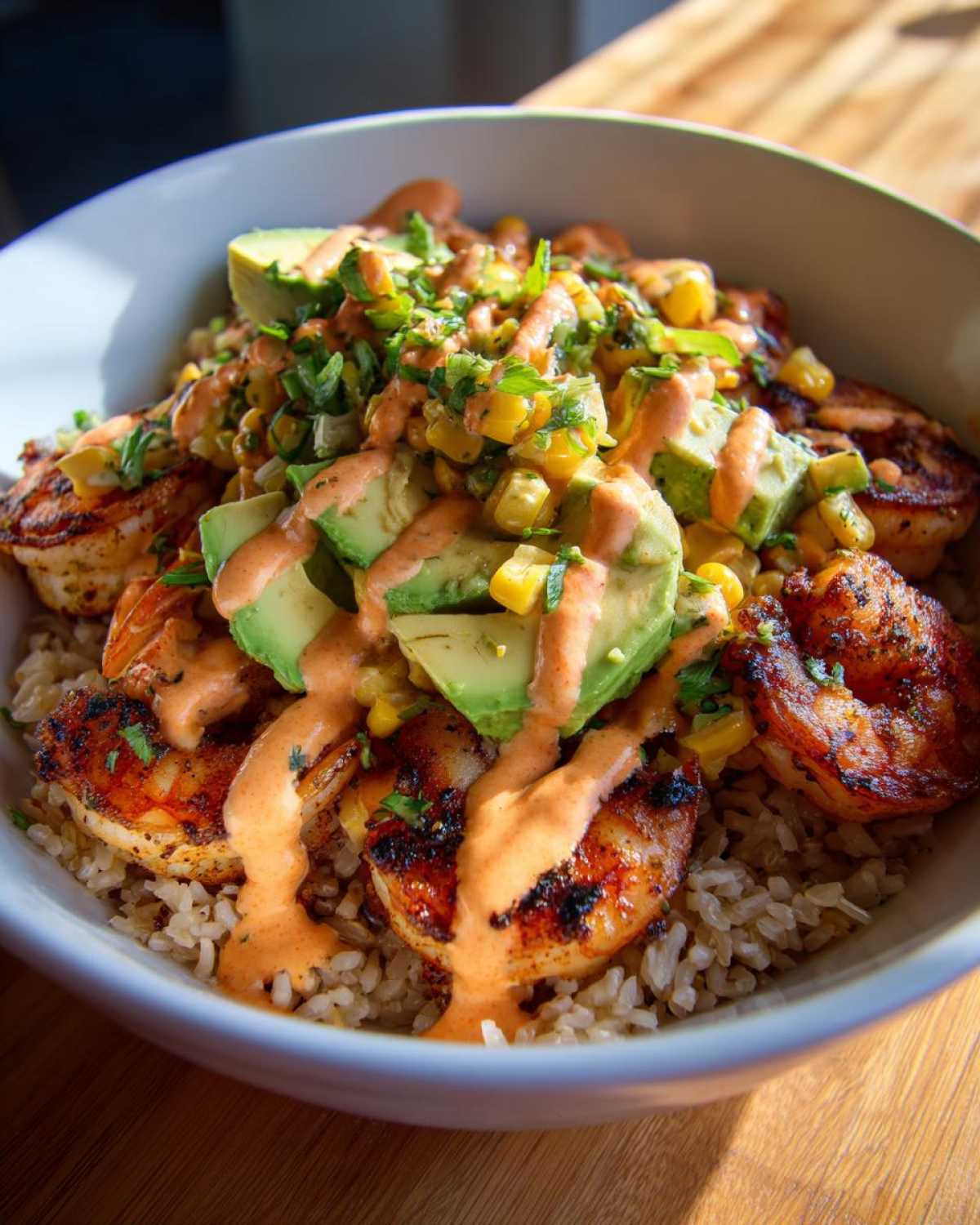 Close-up of an amazing shrimp bowl featuring grilled shrimp, brown rice, avocado slices, corn salsa, and a creamy orange sauce.