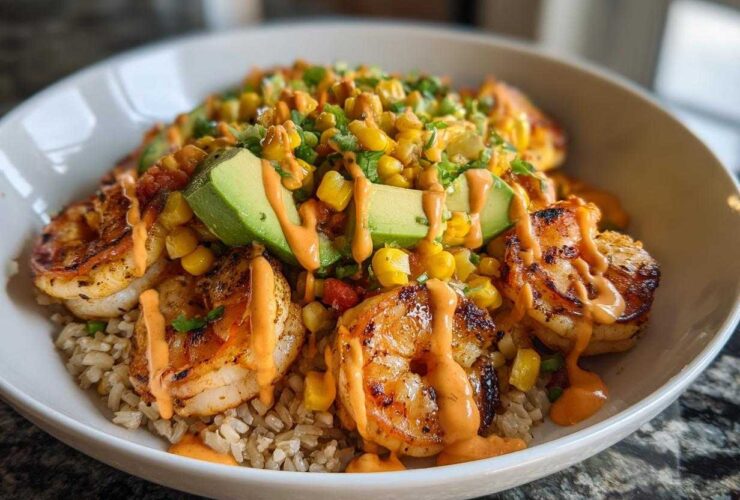 Close-up of an amazing shrimp bowl featuring grilled shrimp, brown rice, corn salsa, avocado slices, and spicy orange sauce.
