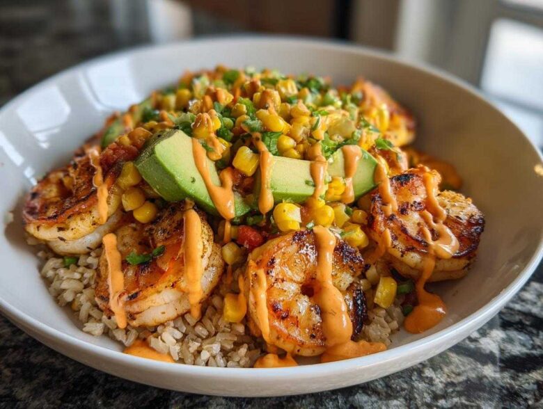 Close-up of an amazing shrimp bowl featuring grilled shrimp, brown rice, corn salsa, avocado slices, and spicy orange sauce.