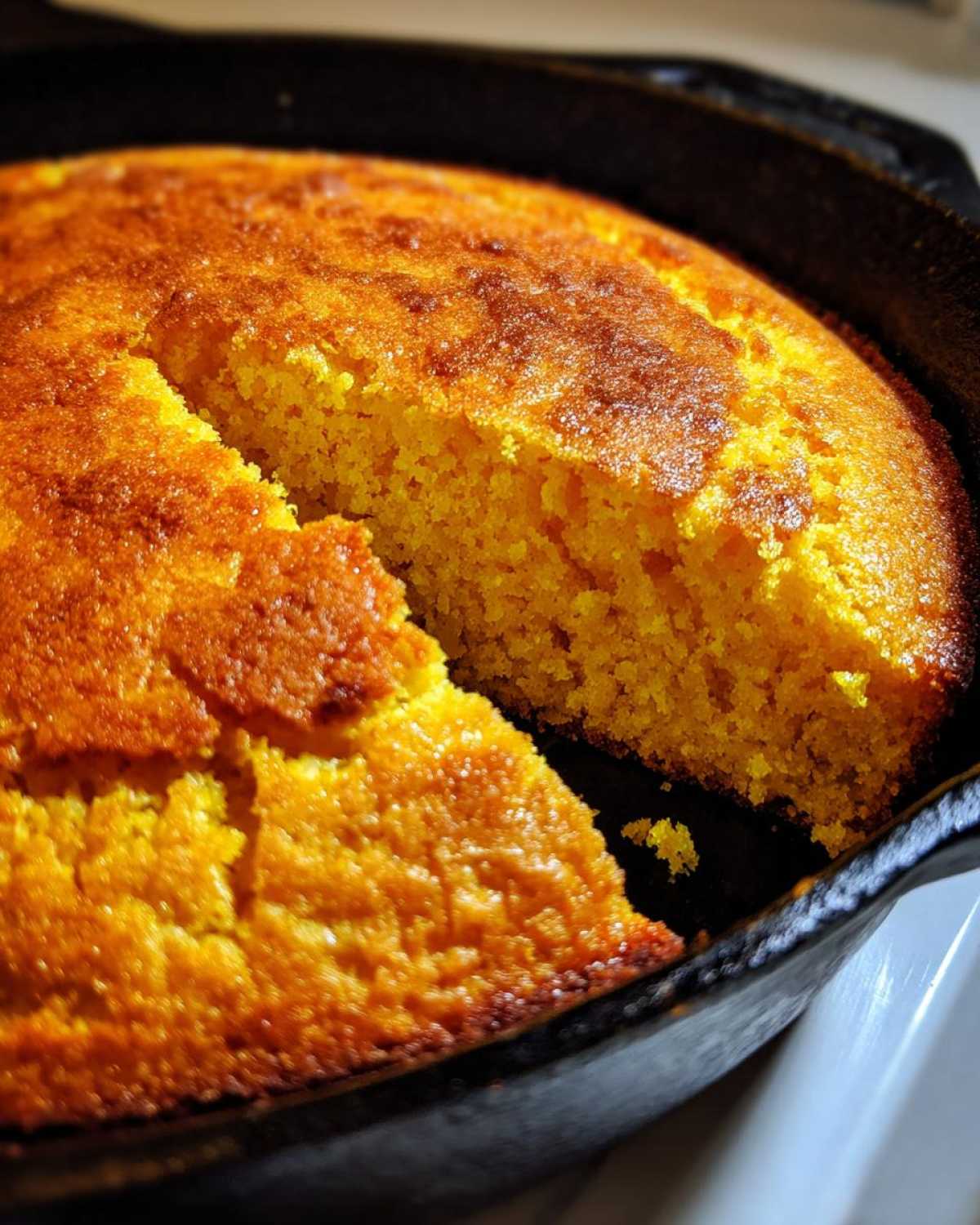 Close-up of golden brown skillet cornbread with one slice cut out, showing the moist texture.