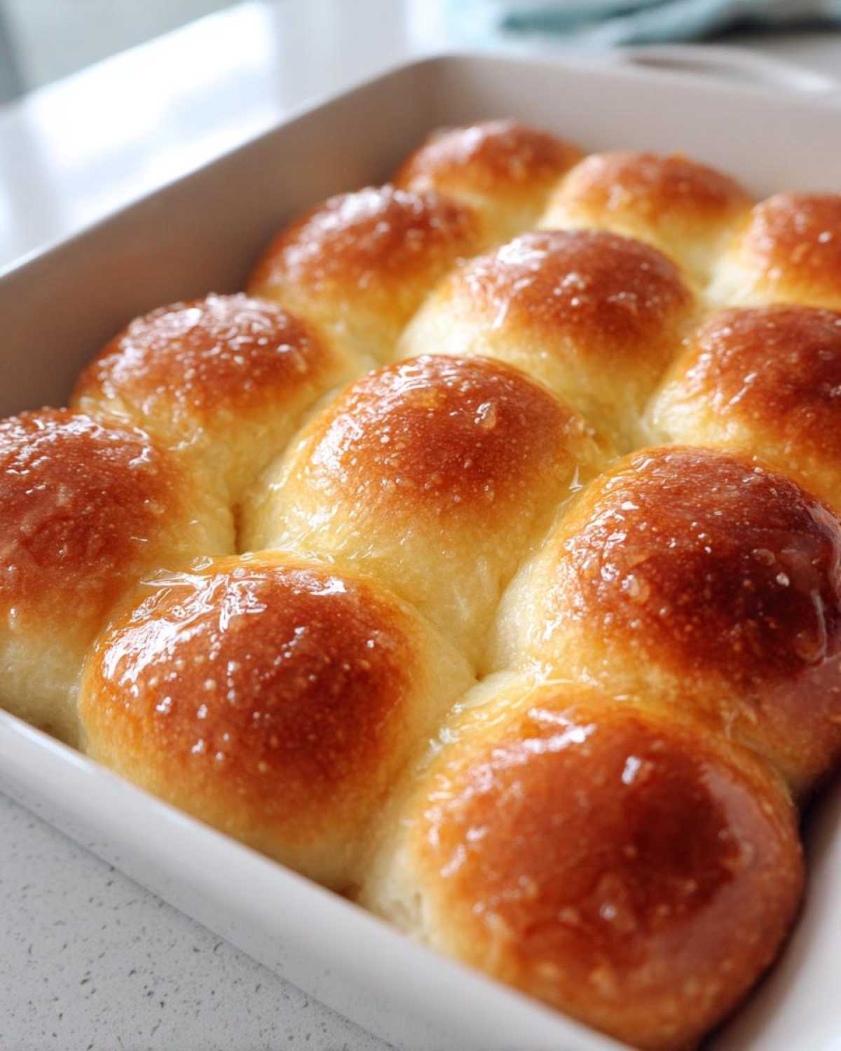Close-up of twelve golden brown, soft dinner rolls brushed with melted butter.
